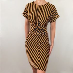 NEW HAUTE MONDE SEXY YELLOW BLACK STRIPED MIDI DRESS SZ MED ROCKABILLY PINUP